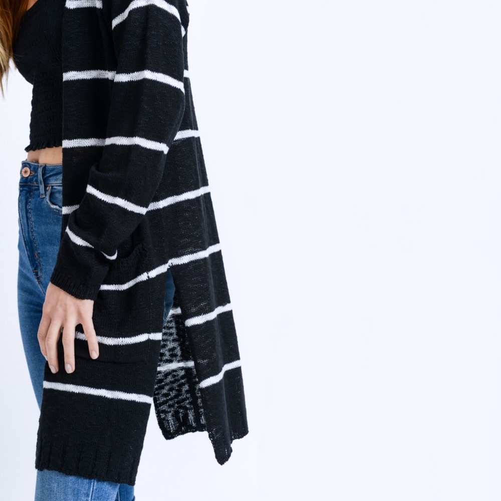 NEW! Black White Striped Cardigan Side Slit - Picture 2 of 7